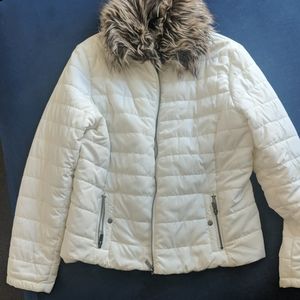 White Parka Puffy Jacket with Brown Faux Fur Trim